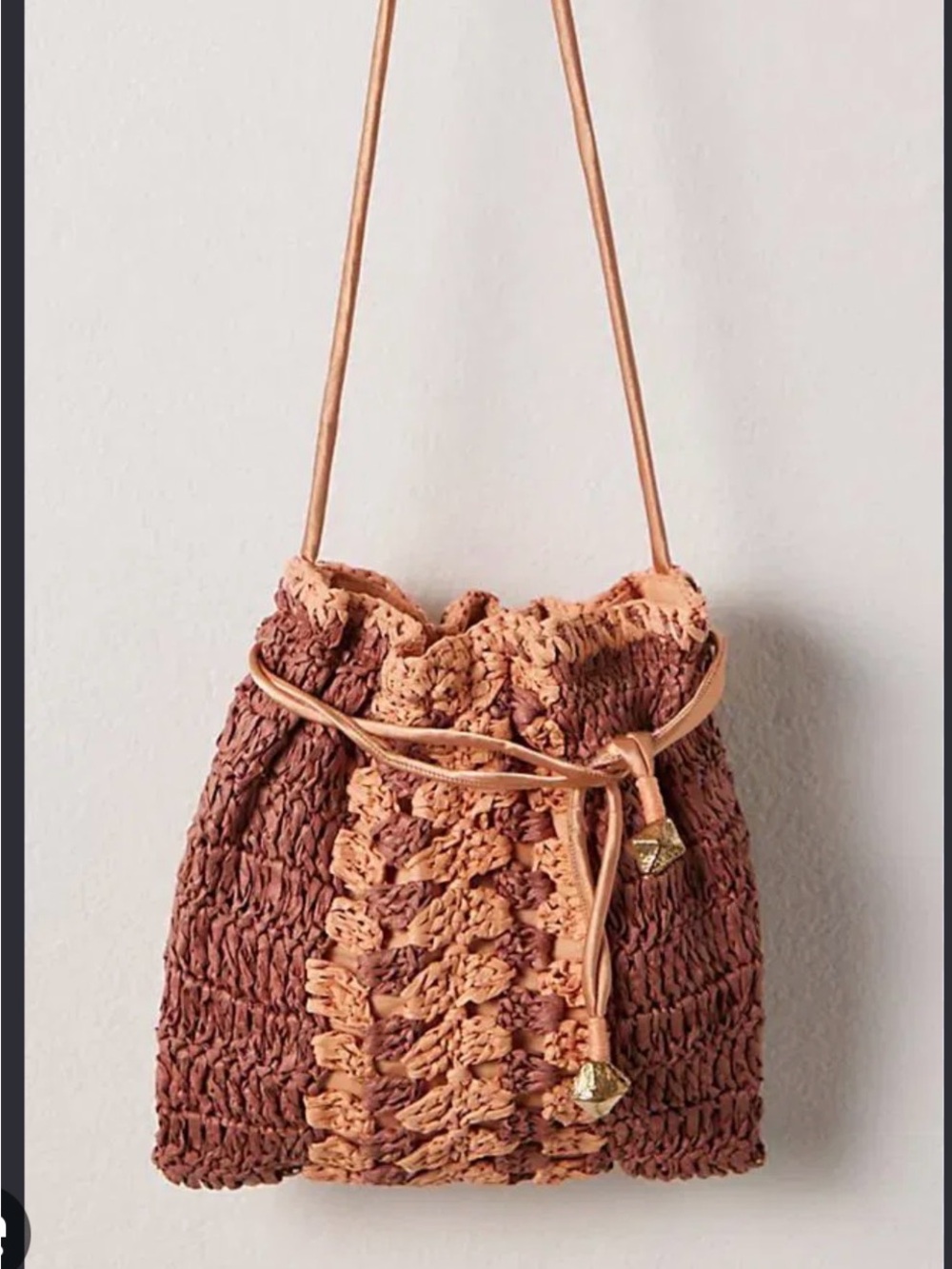 Free People Crochet Two-Tone Brown & Peach Crossbody Bucket Bag